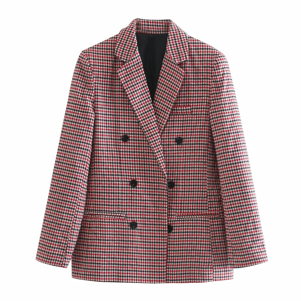 Vintage Single Breasted Long Sleeve Plaid Women Padded Shoulder Blazer