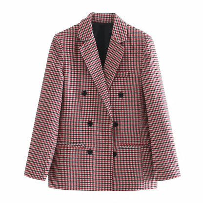 Vintage Single Breasted Long Sleeve Plaid Women Padded Shoulder Blazer