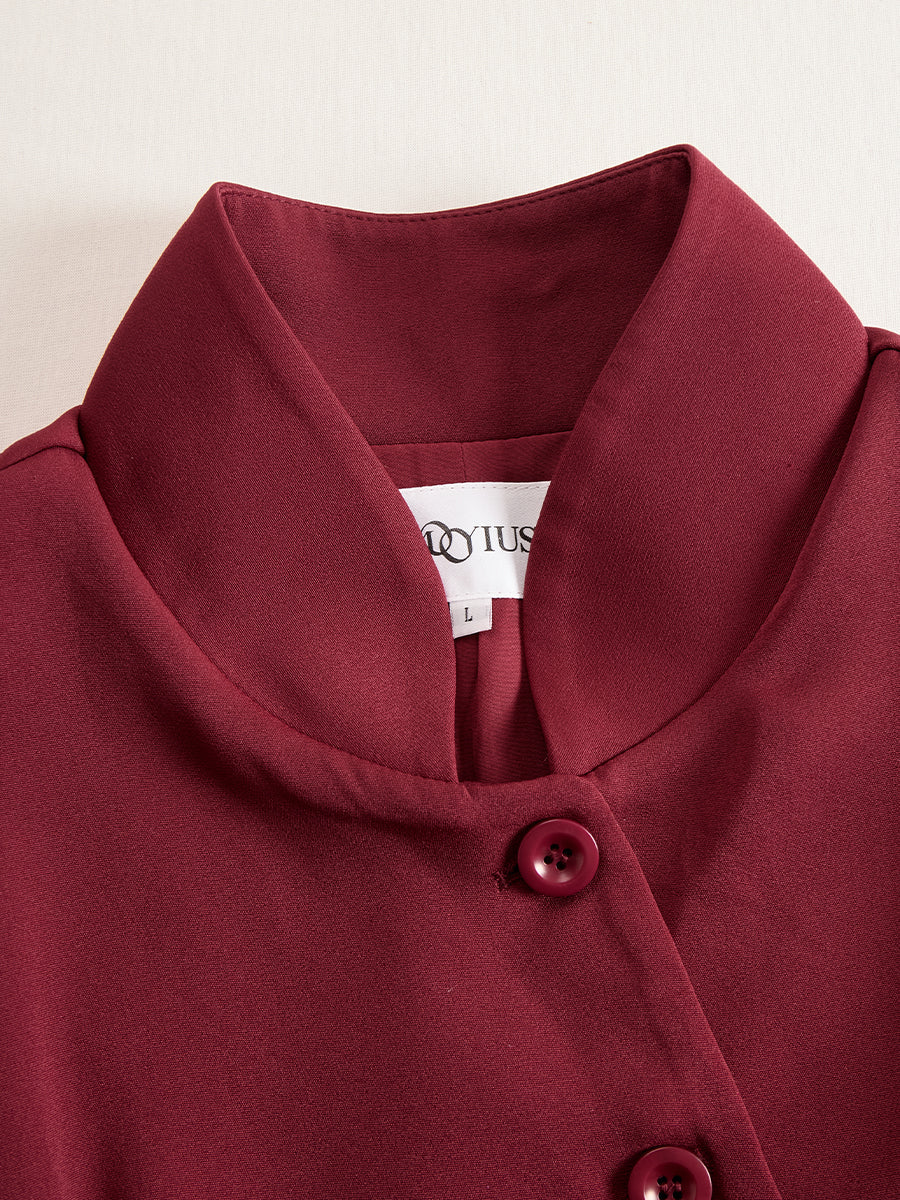 Elegant Band Collar Button-Down Midi Dress With Belt