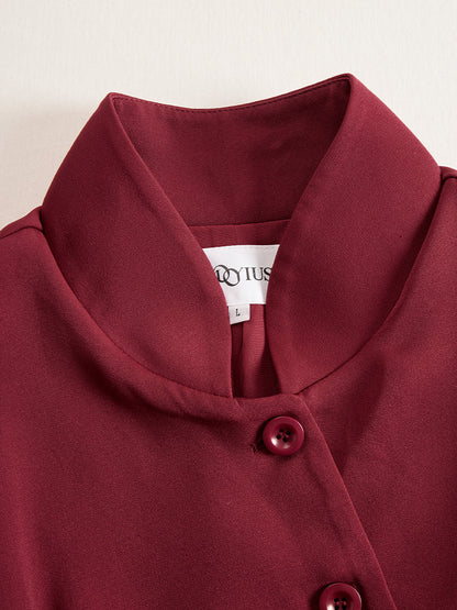 Elegant Band Collar Button-Down Midi Dress With Belt