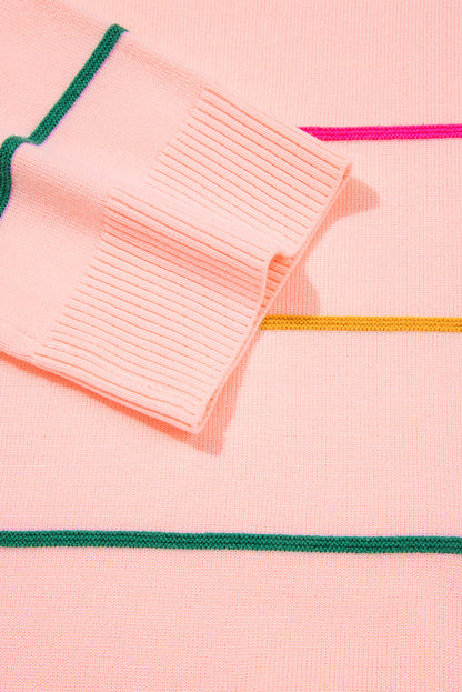 Pink Colorblock Striped Half Sleeve Drop Shoulder Sweater