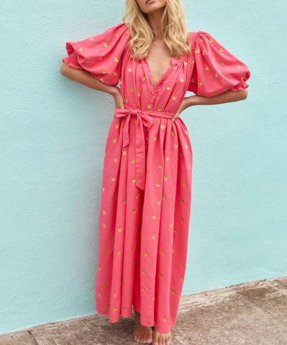 Golden Love Bubble Sleeves Maxi Dress