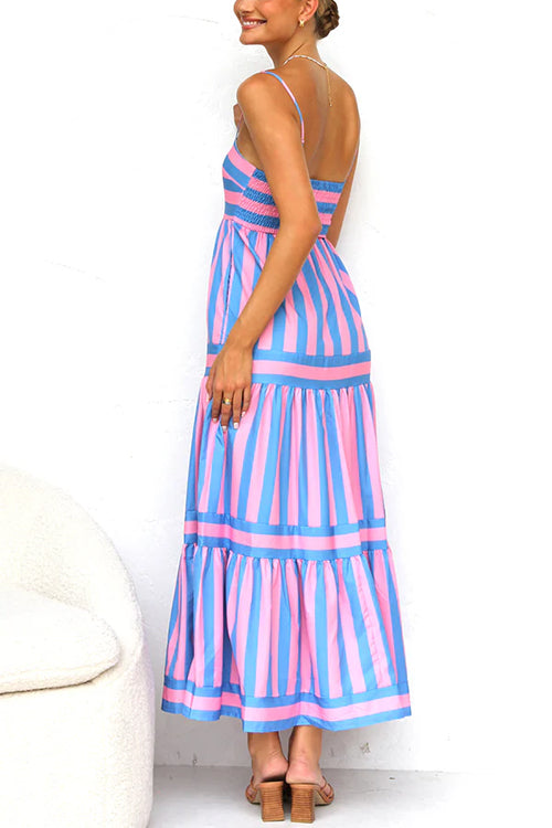 Rosiedress Spaghetti Strap Ruffle Tiered Color Block Striped Maxi Dress