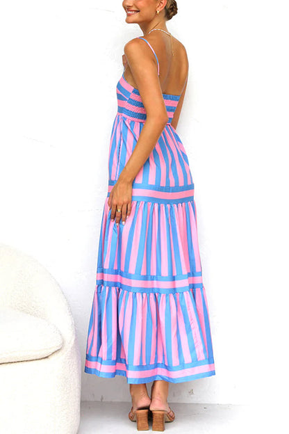 Rosiedress Spaghetti Strap Ruffle Tiered Color Block Striped Maxi Dress