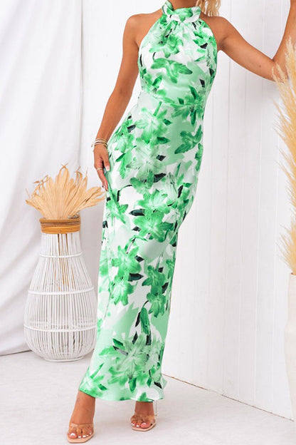 Rosiedress Tie Neck Backless Floral Printed Maxi Flowy Dress Green