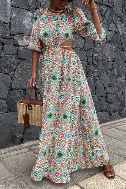 Rosiedress Puff Sleeves Backless Lace-up Printed Maxi Vacation Dress