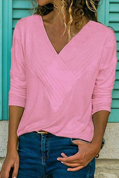 Rosiedress Classic V-neck Long Sleeve Basic Tops Pink