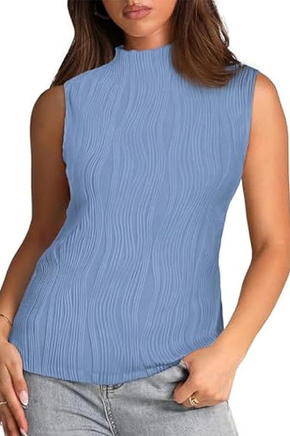 Rosiedress Sleeveless Mockneck Textured Summer Top LightBlue