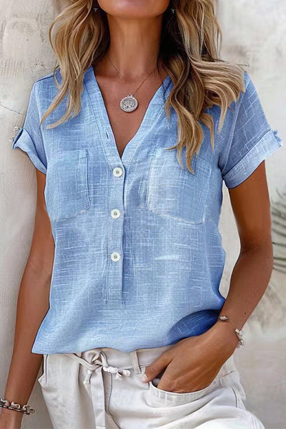 V Neck Rolled Sleeves Button Up Basic Shirt LightBlue