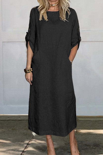 Rolled Up Sleeves Pocketed Cotton Linen Maxi Shift Dress Black
