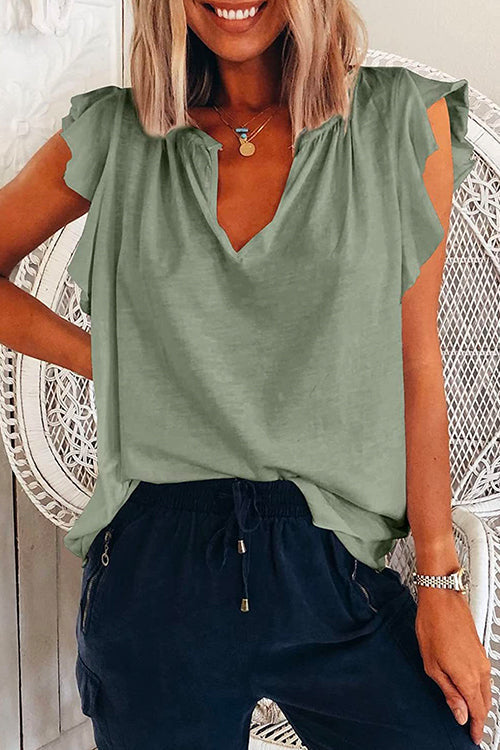 V Neck Solid Ruffle T-shirt Green