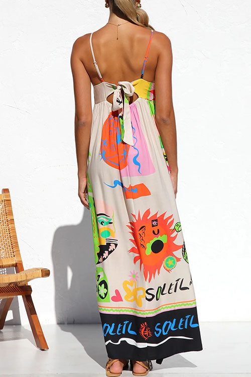 Rosiedress Tie Back Cut Out Graffiti Print Flowy Maxi Cami Dress