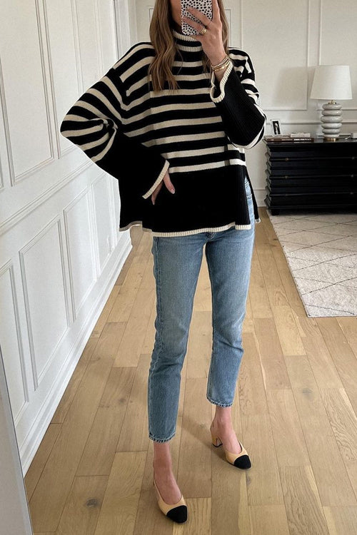 Striped Tuetleneck Side Split Pullover Sweater Black S M