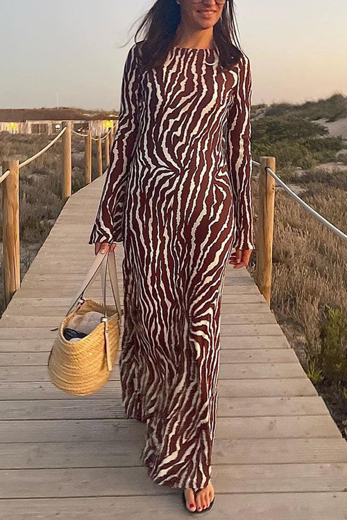 Rosiedress Boat Neck Bell Sleeves Animal Print Maxi Dress