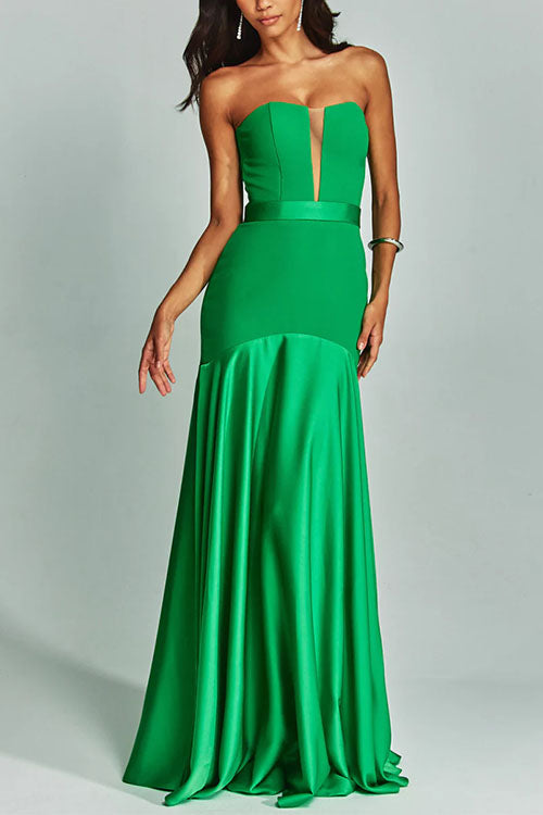 Robe de soirée longue évasée sans bretelles à col en V et maille