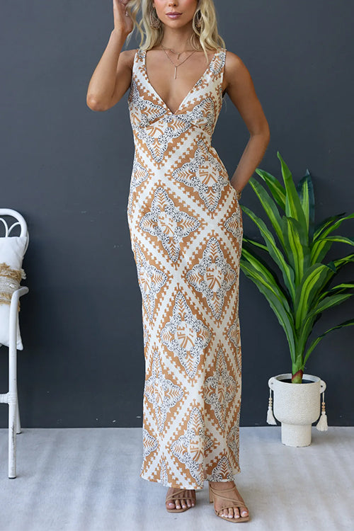 V Neck Sleeveless Tie Back Printed Maxi Holiday Dress