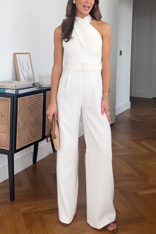 Criss Cross Front Sleeveless Belted Wide Leg Jumpsuit White