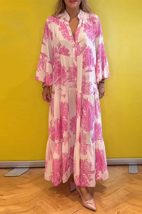 Rosiedress V Neck Bell Sleeves Ruffle Tiered Printed Maxi Dress Pink