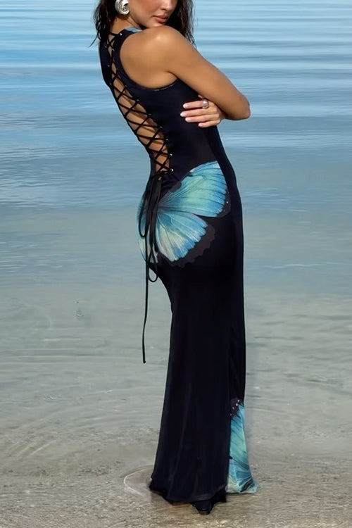 Rosiedress Back Lace-up Sleeveless Butterfly Print Maxi Dress Black