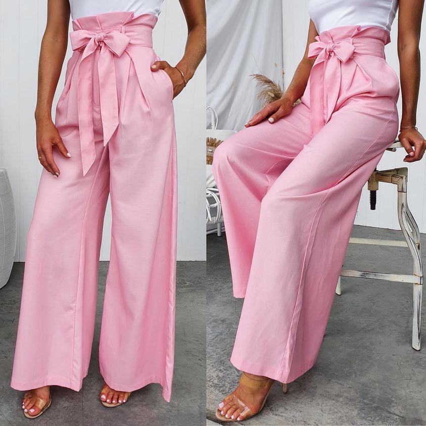 Wide Leg Bow Knot Paper Bag Pants Pink