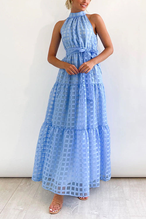 Mockneck Tie Waist Ruffle Tiered Plaid Mesh Maxi Swing Dress LightBlue