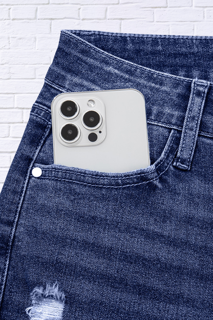 Folded Cuffs Distressed Straight High Waist Jeans