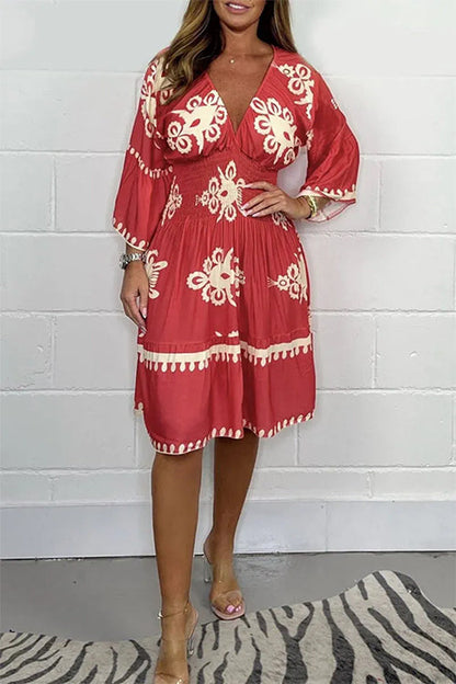 V Neck 3/4 Sleeves High Waist Printed Dress Red