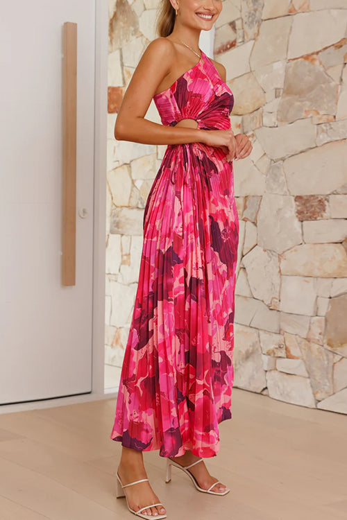 Rosiedress One Shoulder Asymmetrical Pleated Floral Maxi Dress