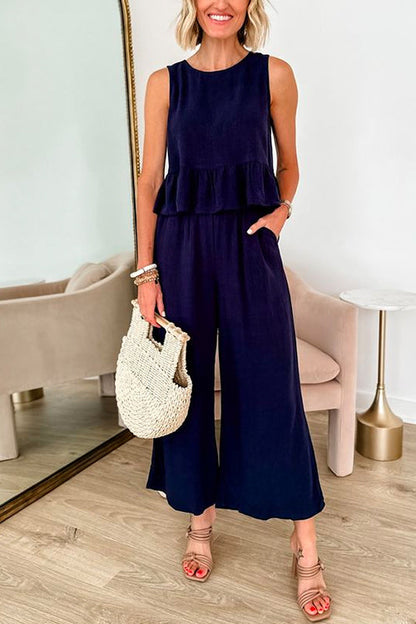 Rosiedress Sleeveless Ruffle Top Wide Leg Pants Set DarkBlue