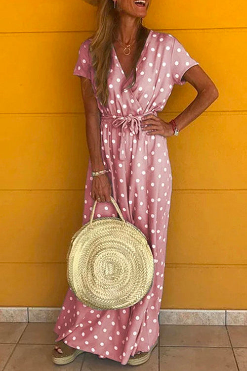 Rosiedress V Neck Short Sleeve Tie Waist Polka Dot Maxi Holiday Dress Pink