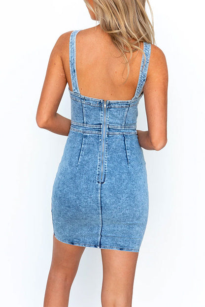 Square Collar Back Zipper Up Bodycon Denim Cami Dress