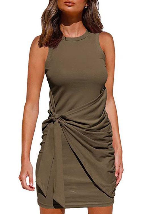 Rosiedress Crewneck Knot Front Ruched Sleeveless Dress Coffee