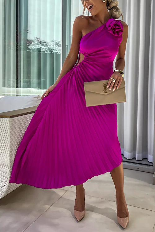 Rosiedress 3D Rose One Shoulder Cut Out Waist Asymmetric Hem Pleated Maxi Dress