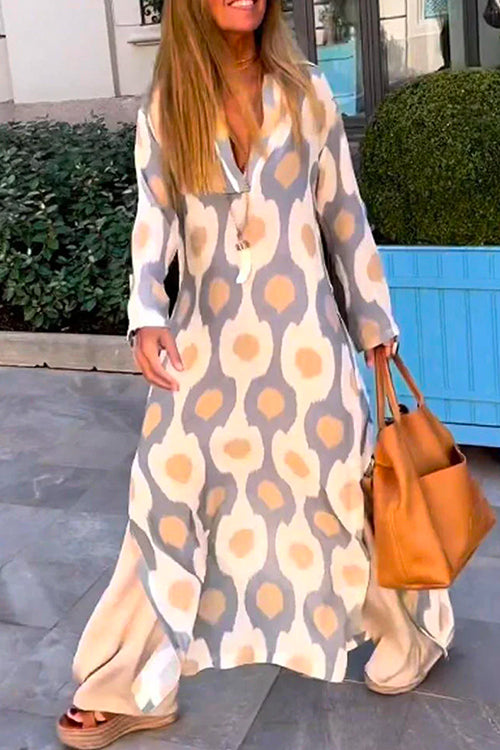 V Neck Side Split Printed Maxi Holiday Dress Gray