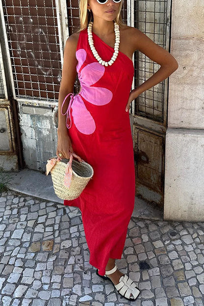 Robe longue à imprimé floral découpée avec cordon de serrage et une épaule