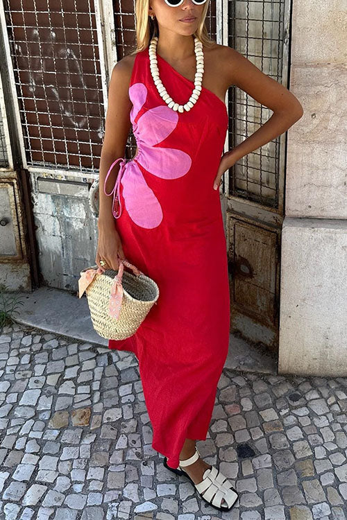 One Shoulder Drawstring Cut Out Floral Print Maxi Dress