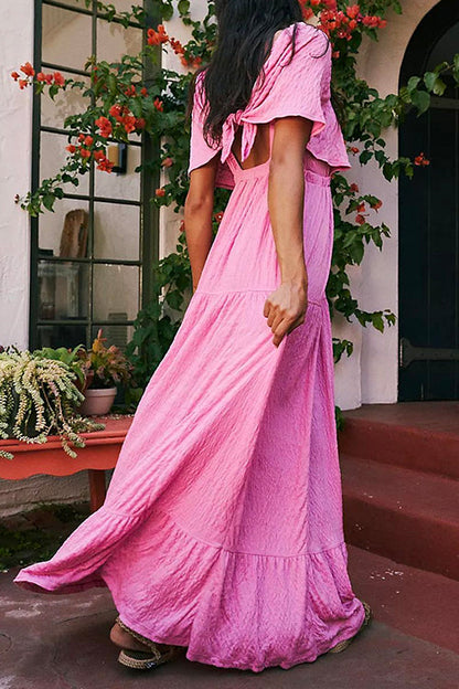 V Neck Flutter Sleeves Backless Ruffle Maxi Dress