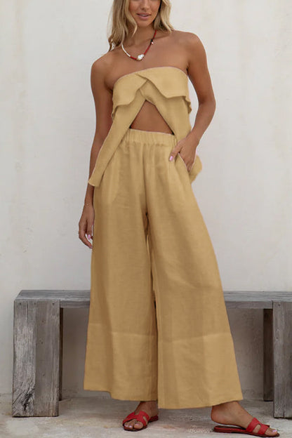 Rosiedress Strapless Ruffle Slit Top Elastic Waist Wide Leg Pants Set Khaki