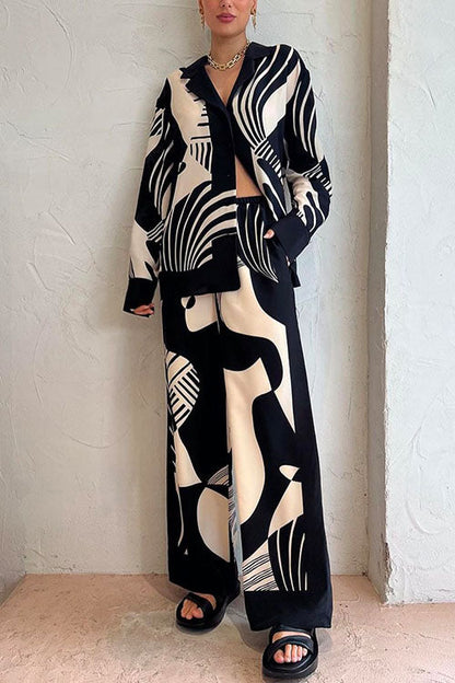 Rosiedress Graphic Printed Long Sleeve Blouse Shirt Wide Leg Pants 2 Pieces Set Black