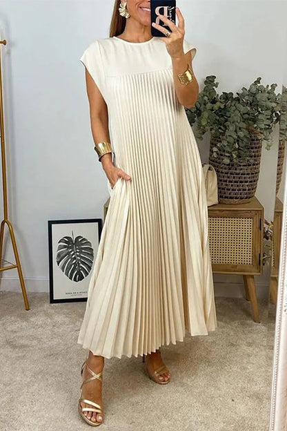 Rosiedress Cap Sleeves Pocketed Loose Pleated Maxi Dress Beige