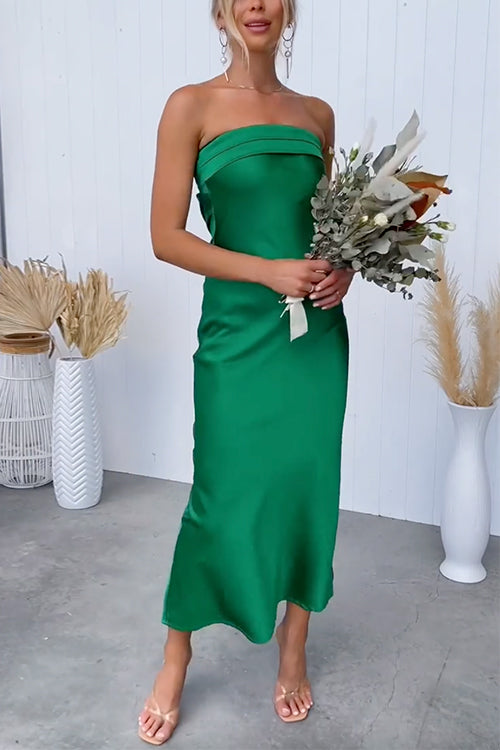 Rosiedress Backless Tube Top Solid Satin Maxi Party Dress Green