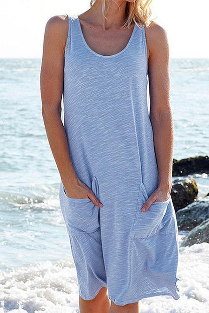 Sleeveless Pockets Plain T Shirt Dress LightBlue