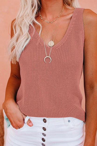 V Neck Solid Knitting Tank Top Pink
