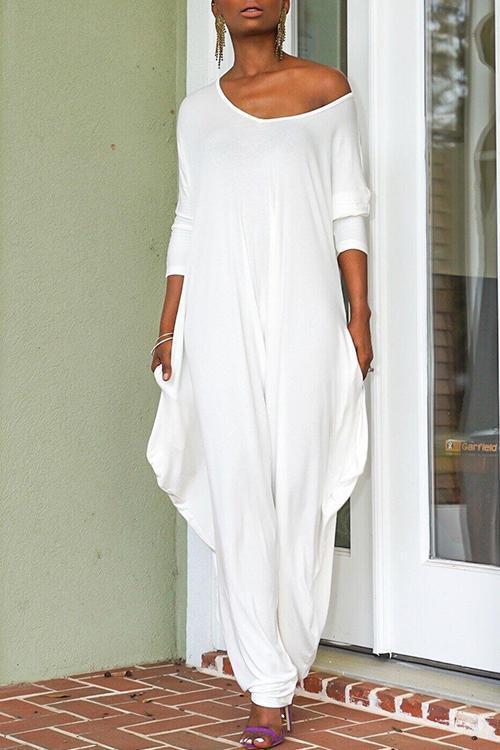 Rosiedress Long Sleeve Wide Leg Pockets Baggy Jumpsuit White