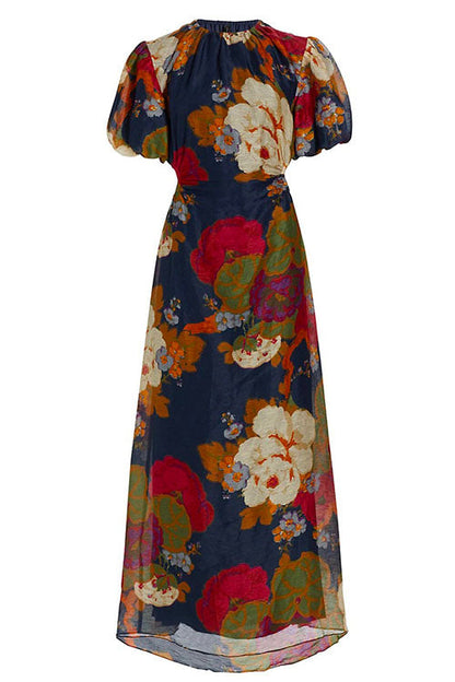 Rosiedress Puff Sleeve Cut Out Waist Floral Maxi Swing Dress