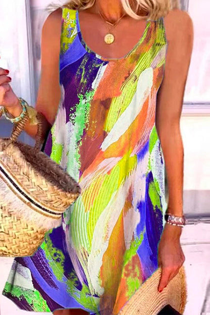 U Neck Sleeveless Tie Dye Casual Dress Yellow