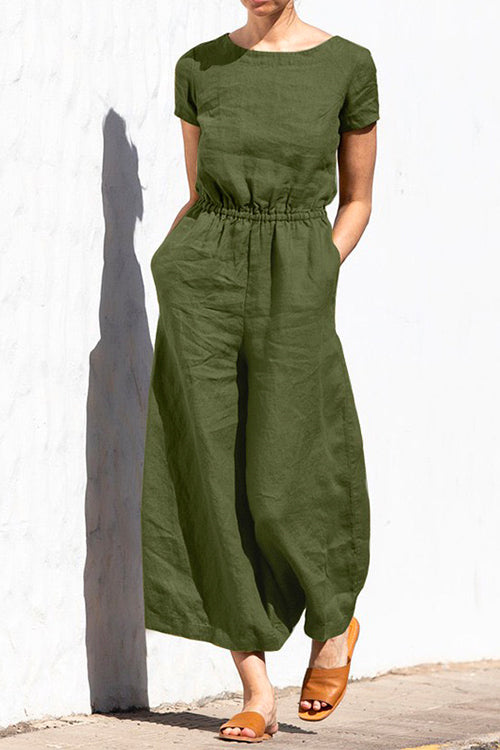 Rosiedress Short Sleeve High Waist Wide Leg Slouchy Jumpsuit ArmyGreen