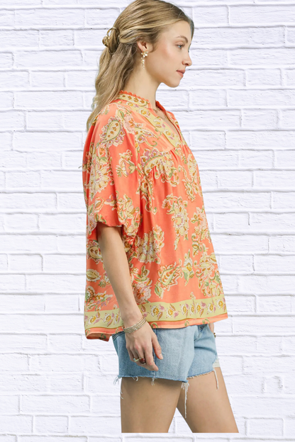 Umgee Apricot Floral Boho Blouse
