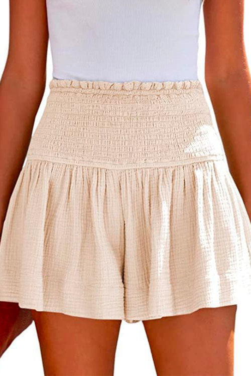 Elastic Smocked Waist Wide Leg Solid Shorts Beige