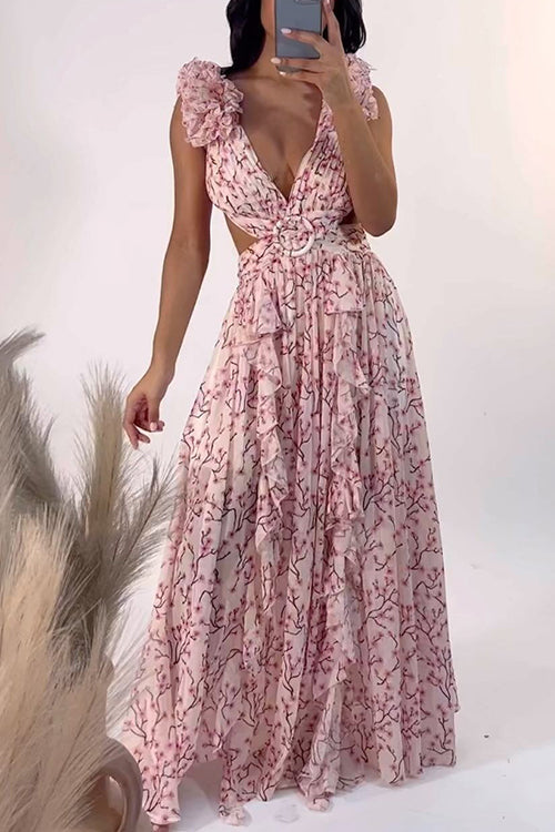 Rosiedress Deep V Neck Cut Out Sleeveless Ruffle Floral Print Maxi Dress